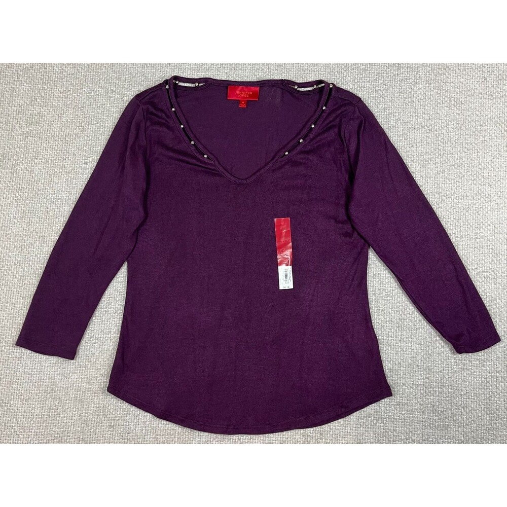 NWT Jennifer Lopez Tunic Top Beaded V-Neck Women’s M Purple 3/4 Sleeve Stretch